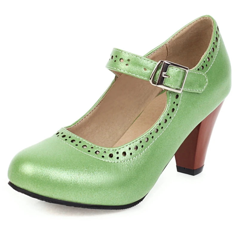 Genevieve Mary Jane heels with adjustable instep strap and rounded toe in several colours