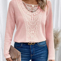 Women's textured pullover sweater with crochet-style front panel, round neckline and long sleeves
