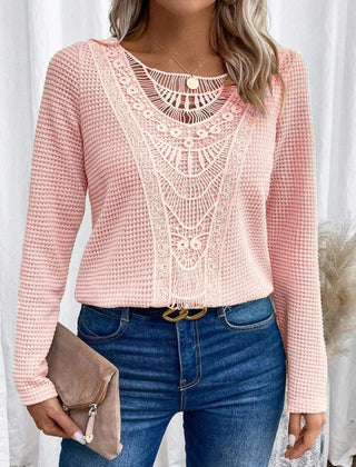 Women's textured pullover sweater with crochet-style front panel, round neckline and long sleeves