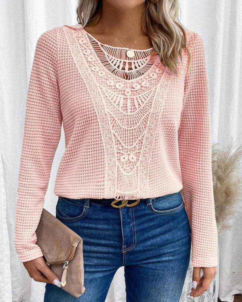 Women's textured pullover sweater with crochet-style front panel, round neckline and long sleeves