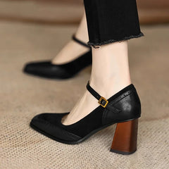 Constance square toe block heel brogue pumps with slim ankle strap and gold-tone buckle