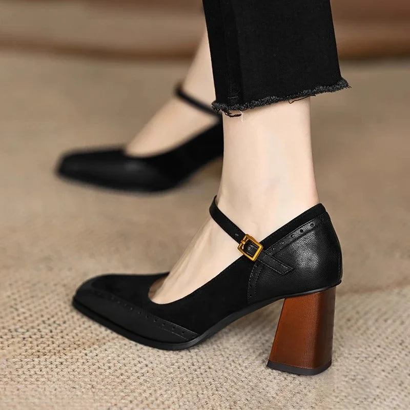 Constance square toe block heel brogue pumps with slim ankle strap and gold-tone buckle