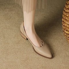 Cora pointed toe block heel slip-on pumps shown in apricot, black and brown