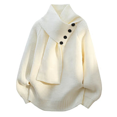 Women's ribbed scarf neck sweater with shoulder button detail and long sleeves