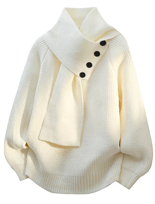 Women's ribbed scarf neck sweater with shoulder button detail and long sleeves