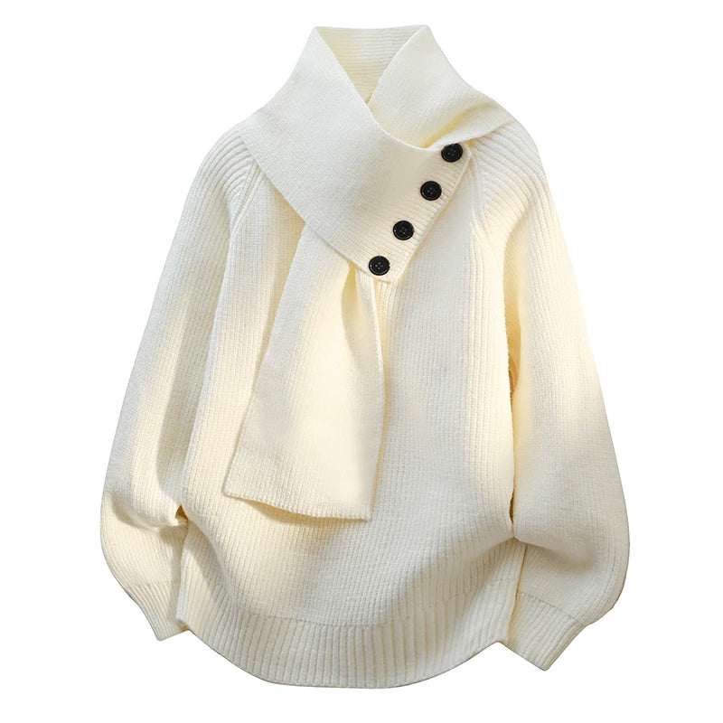 Women's ribbed scarf neck sweater with shoulder button detail and long sleeves
