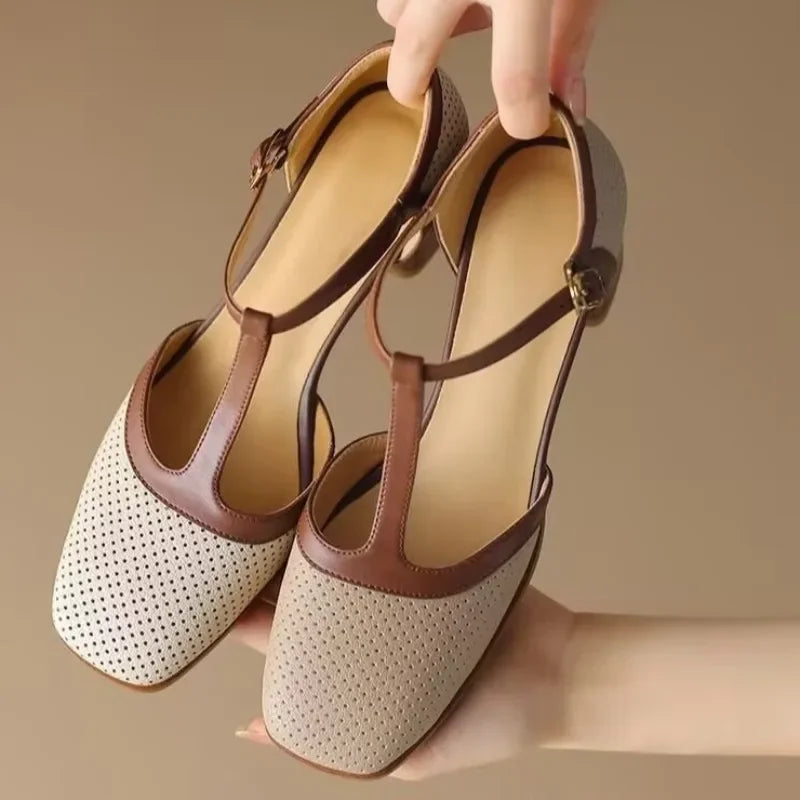 Off-white perforated T-strap block heel pump with contrast tan strap and square toe