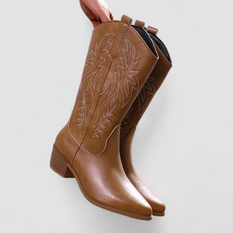 Embroidered western boots with flame-and-leaf detailing, pointed toe and stacked block heel