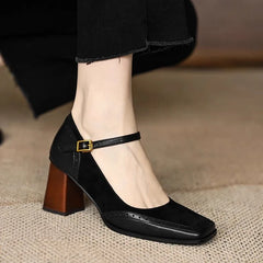 Constance square toe block heel brogue pumps with slim ankle strap and gold-tone buckle