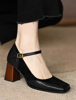 Constance square toe block heel brogue pumps with slim ankle strap and gold-tone buckle