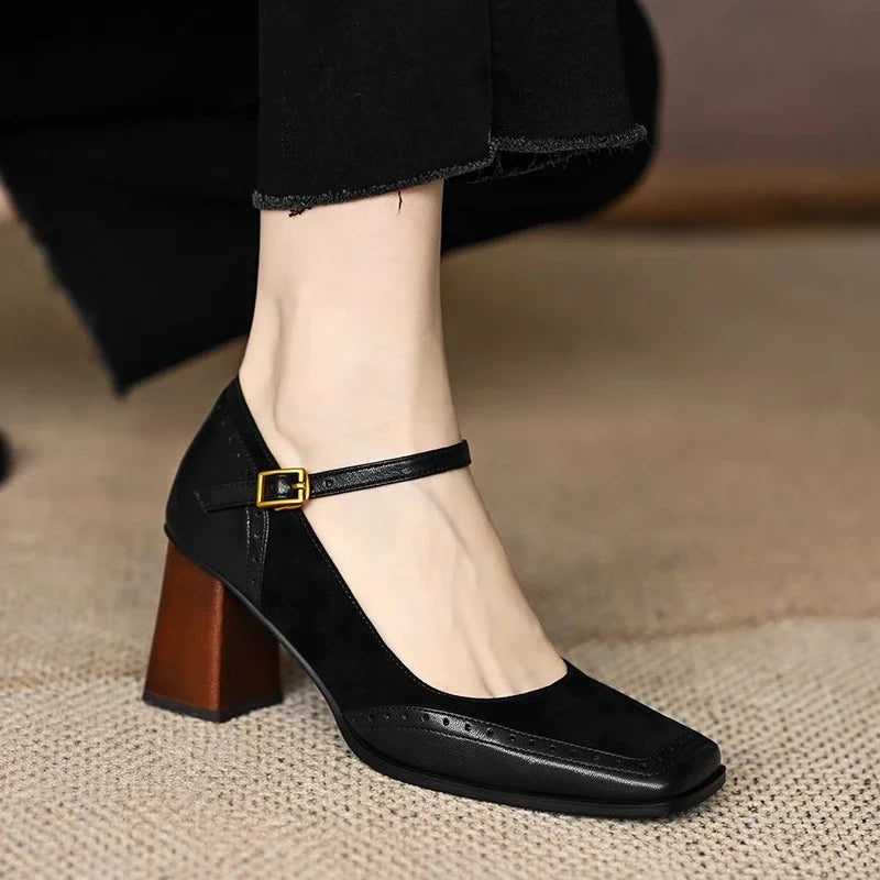 Constance square toe block heel brogue pumps with slim ankle strap and gold-tone buckle