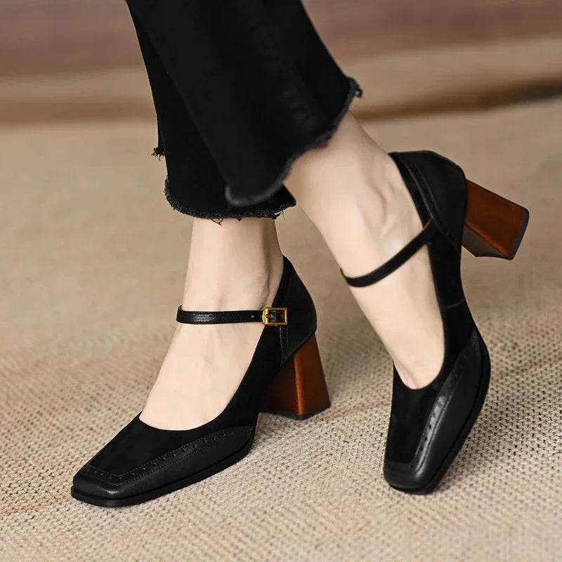 Constance square toe block heel brogue pumps with slim ankle strap and gold-tone buckle