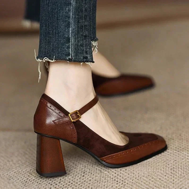 Constance square toe block heel brogue pumps with slim ankle strap and gold-tone buckle