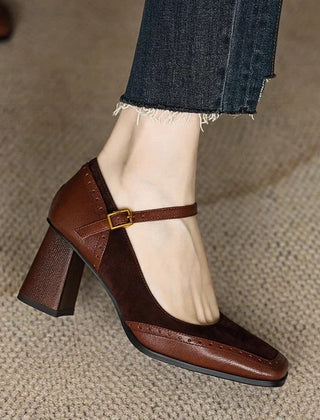 Constance square toe block heel brogue pumps with slim ankle strap and gold-tone buckle