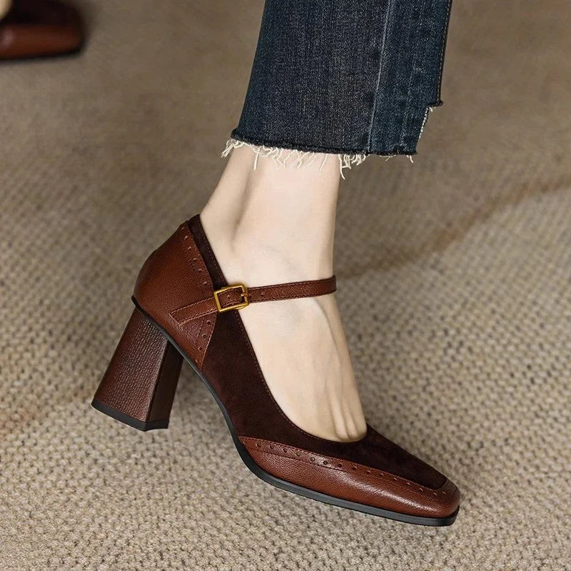 Constance square toe block heel brogue pumps with slim ankle strap and gold-tone buckle