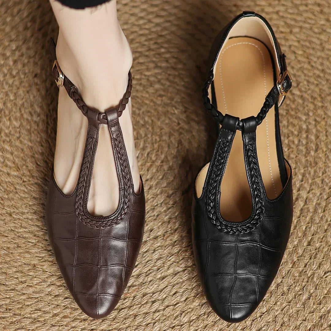 Women's leather T-strap Mary Jane flats with braided strap, buckle and pointed toe