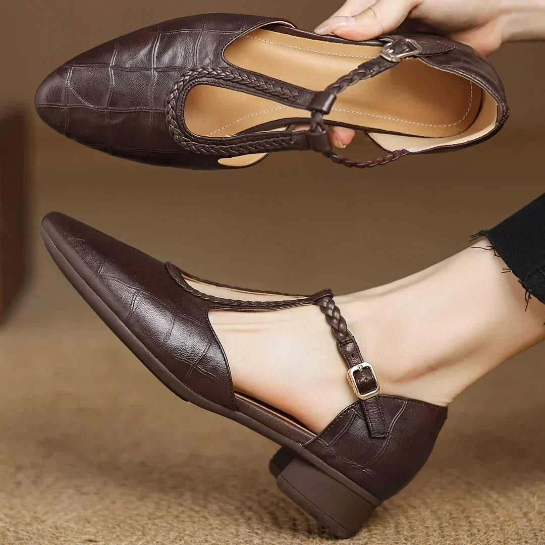 Women's leather T-strap Mary Jane flats with braided strap, buckle and pointed toe