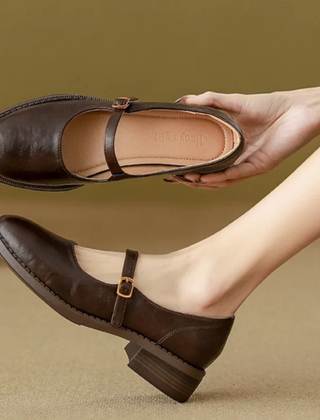Eleanor Mary Jane shoes with single strap buckle and low block heel in black and brown