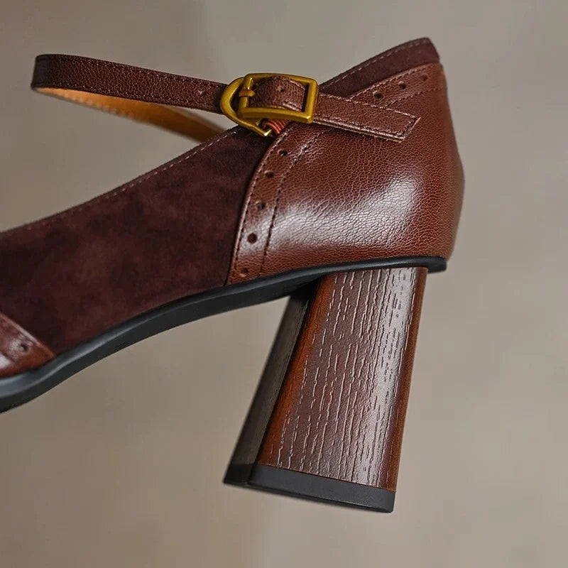 Constance square toe block heel brogue pumps with slim ankle strap and gold-tone buckle