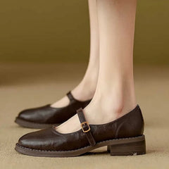 Eleanor Mary Jane shoes with single strap buckle and low block heel in black and brown