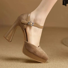 Aurore platform block heel pumps with slim ankle strap and rounded toe, in brown and black