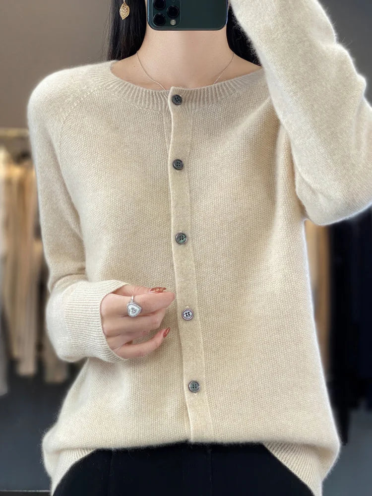 Women's button front knit cardigan shown in several colour options