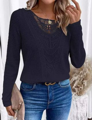Women's textured pullover sweater with crochet-style front panel, round neckline and long sleeves