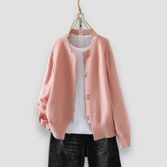 Women's V-neck button front cardigan with ribbed cuffs and hem in a solid shade