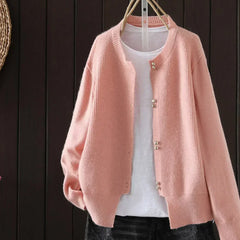 Women's V-neck button front cardigan with ribbed cuffs and hem in a solid shade