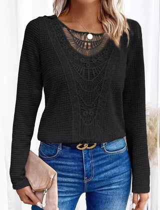 Women's textured pullover sweater with crochet-style front panel, round neckline and long sleeves