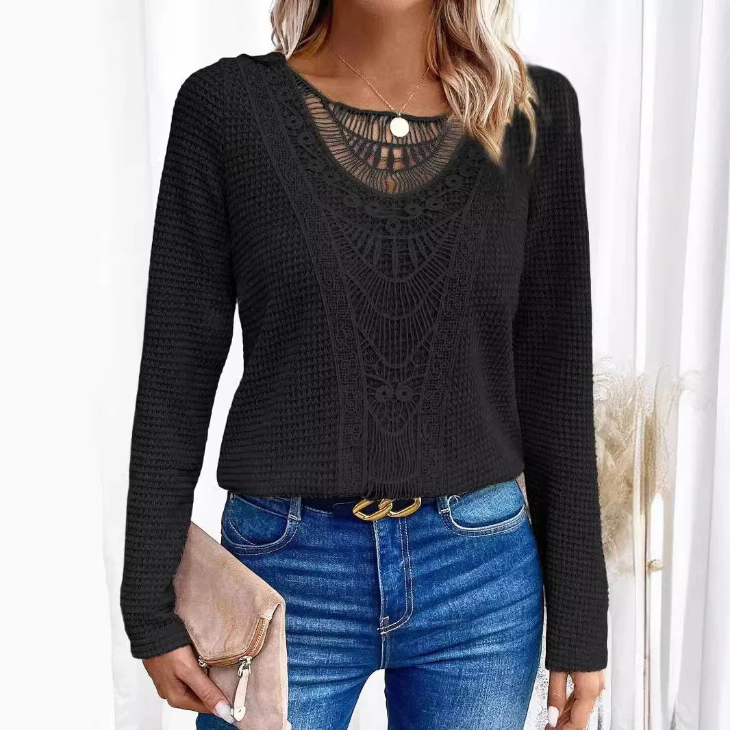 Women's textured pullover sweater with crochet-style front panel, round neckline and long sleeves