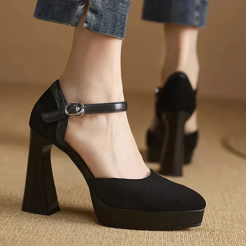 Aurore platform block heel pumps with slim ankle strap and rounded toe, in brown and black
