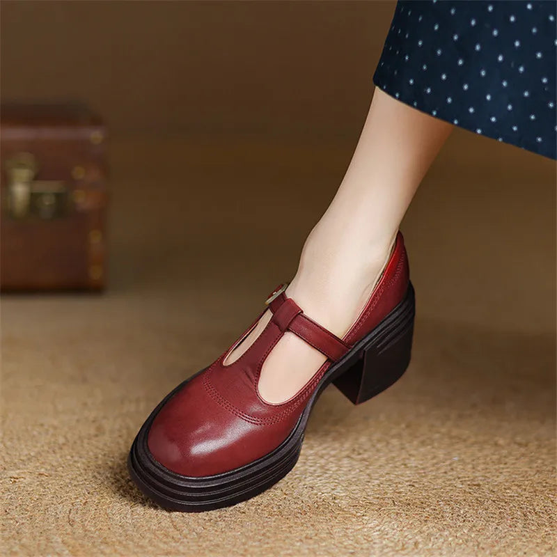 Rowena chunky block heel Mary Jane pumps with T-strap gold buckle and round toe