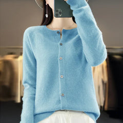 Women's button front knit cardigan shown in several colour options