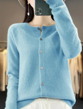 Women's button front knit cardigan shown in several colour options