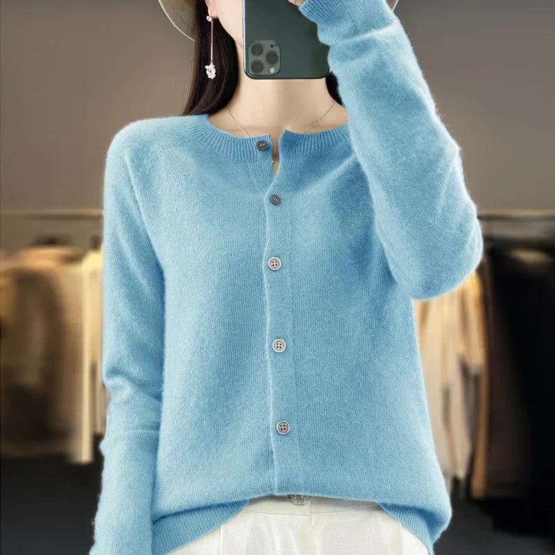 Women's button front knit cardigan shown in several colour options