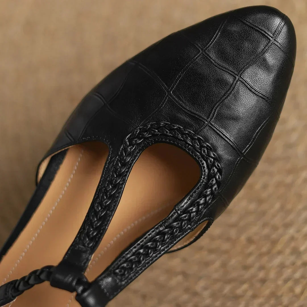 Women's leather T-strap Mary Jane flats with braided strap, buckle and pointed toe