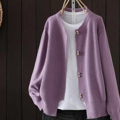 Women's V-neck button front cardigan with ribbed cuffs and hem in a solid shade