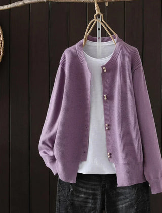 Women's V-neck button front cardigan with ribbed cuffs and hem in a solid shade