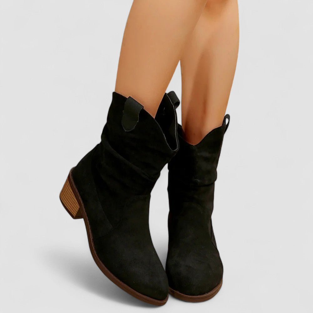 Slouch Western ankle boots with pointed toe and stacked block heel in brown and black