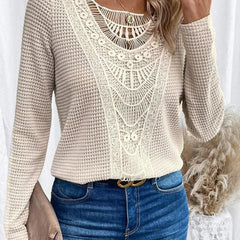 Women's textured pullover sweater with crochet-style front panel, round neckline and long sleeves