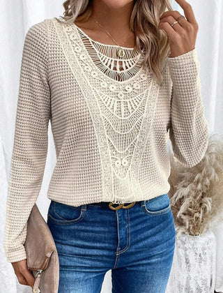 Women's textured pullover sweater with crochet-style front panel, round neckline and long sleeves
