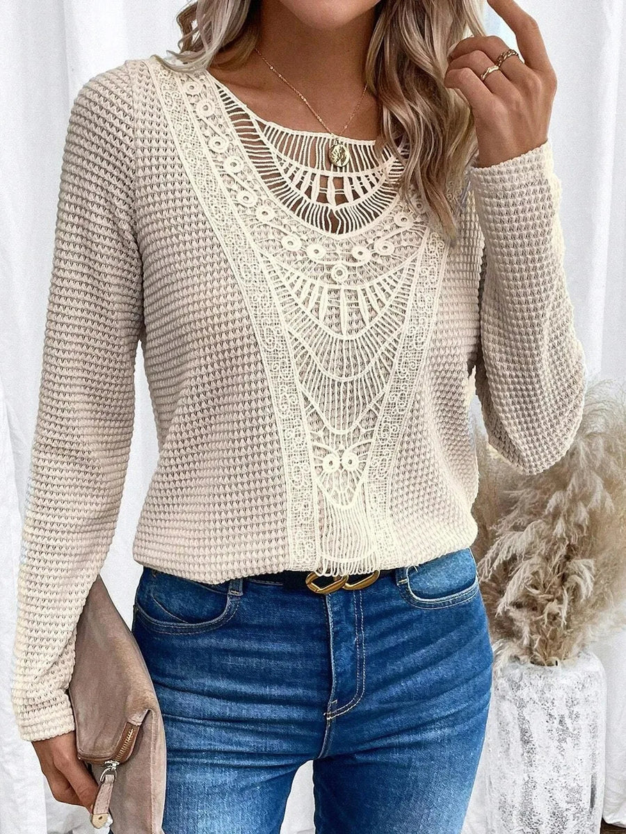 Women's textured pullover sweater with crochet-style front panel, round neckline and long sleeves