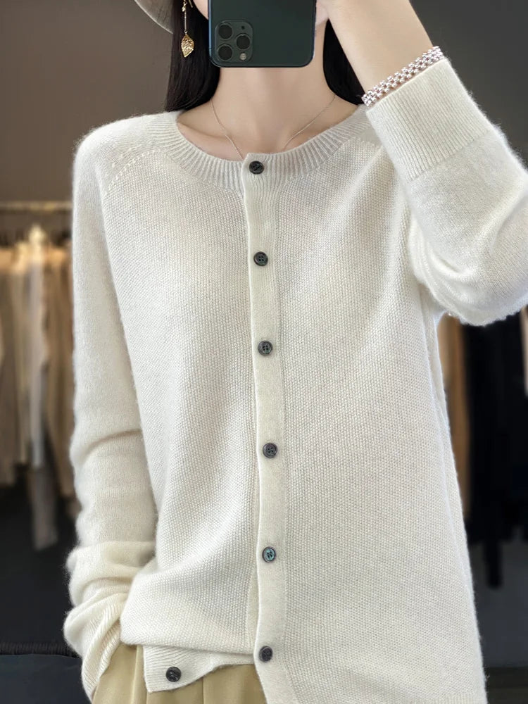 Women's button front knit cardigan shown in several colour options