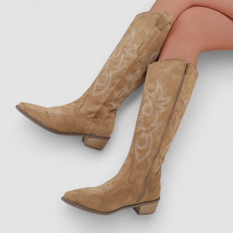 Knee-high western boots with tonal embroidery, low block heel and side zip