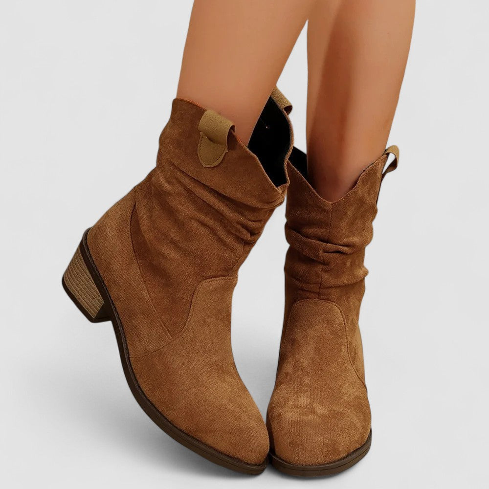 Slouch Western ankle boots with pointed toe and stacked block heel in brown and black