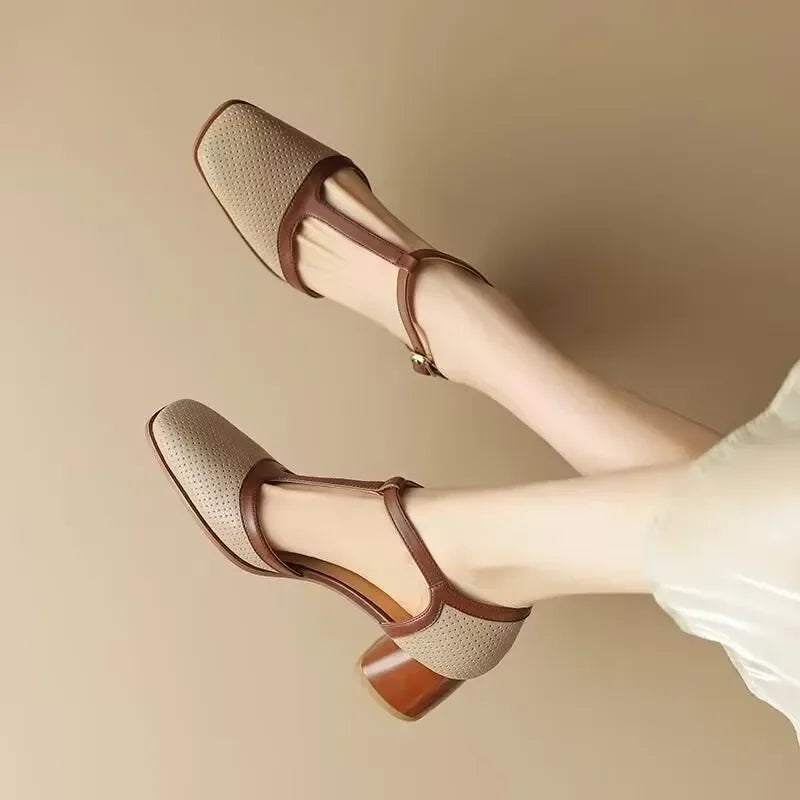 Off-white perforated T-strap block heel pump with contrast tan strap and square toe