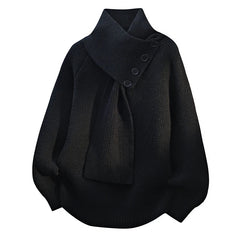 Women's ribbed scarf neck sweater with shoulder button detail and long sleeves