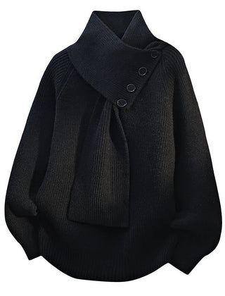 Women's ribbed scarf neck sweater with shoulder button detail and long sleeves