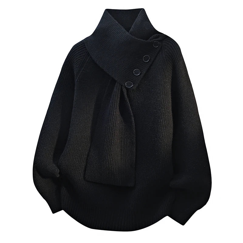 Women's ribbed scarf neck sweater with shoulder button detail and long sleeves